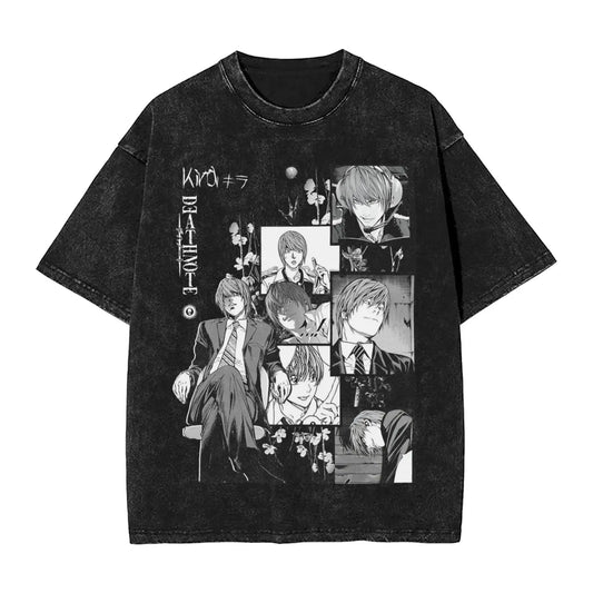 Kira Light Yagami Death Note Men's T Shirt Washed  Vintage Tee Shirt Short Sleeve Round Collar T-Shirts Pure Cotton Tops