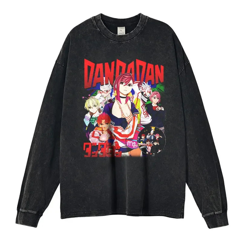 Anime Dan Da Dan Sweater Vintage Washed Dandadan Long Sleeve T Shirts Oversized Ayase Momo Sweatshirts Pullover Men 100% Cotton