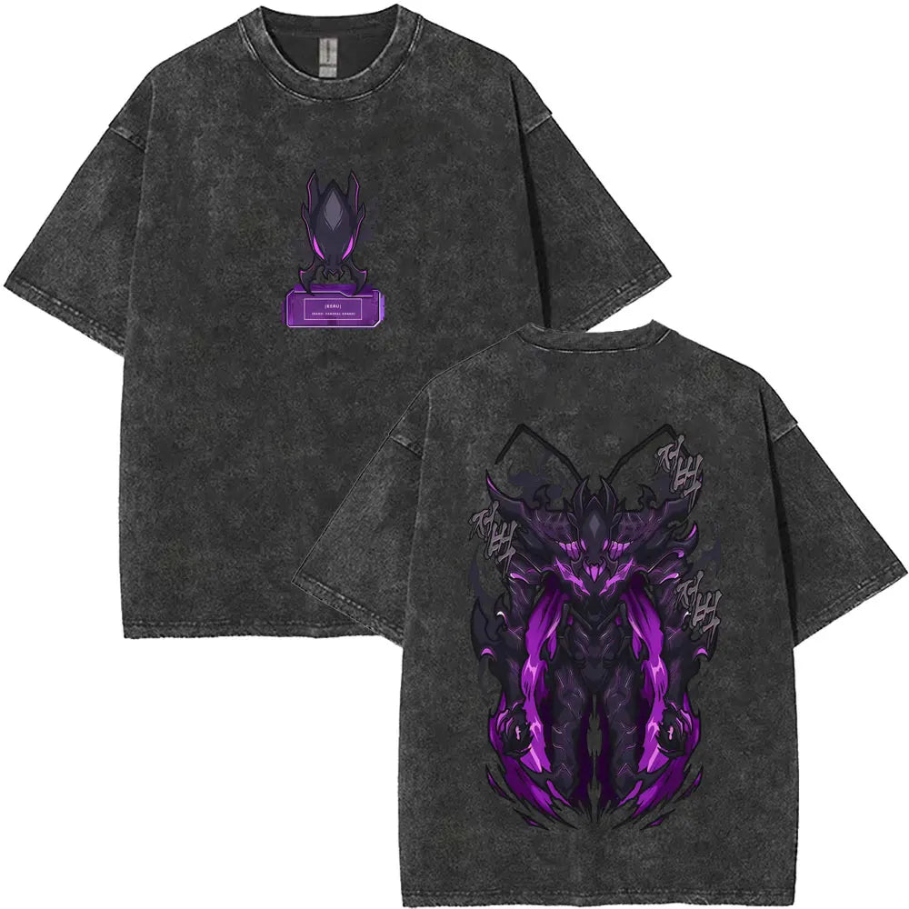 Washed Vintage Anime Solo Leveling Sung Jin Woo Double Sided Print T-shirt Men Manga Fashion Casual T Shirt Men's Oversized Tees